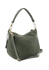 Olivgrüne Wildleder-Handtasche mit goldenen Hardware-Elementen, Oberreißverschluss, kurzem Griff und verstellbarem langen Schulterriemen.