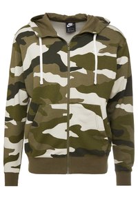 Maskáčová mikina na zip v odstínech zelené a bílé, s klokaní kapsou, nastavitelnou kapucí a elastickými manžetami a lemem.