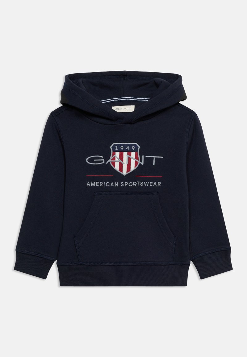 Sudadera con capucha azul marino con bolsillo delantero, con el logo "GANT", emblema en forma de escudo con "1949" y texto "American Sportswear" en el pecho.