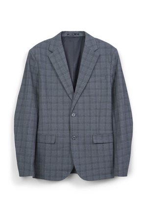 Blazer gris à carreaux en tissu texturé, avec des revers déchiquetés, deux boutons et deux poches avant. Doublure intérieure en matériau foncé.