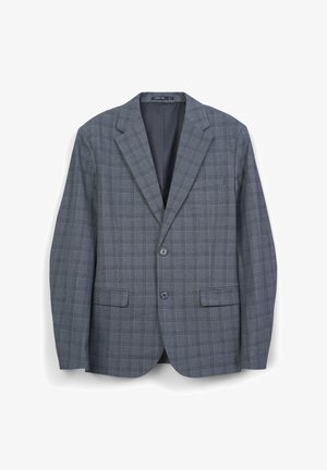 Grau kariertes Sakko aus strukturiertem Stoff, mit Revers, zwei Knöpfen und zwei Fronttaschen. Innenfutter aus dunklem Material.