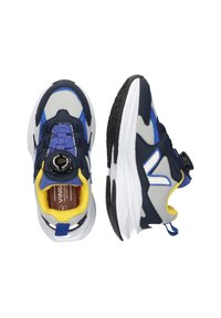 Siniset ja harmaat urheilukengät, joissa on verkkovuori, pyöreät nauhat ja säätöpyörä. Teksturoitu musta pohja ja kirkkaat keltaiset yksityiskohdat.