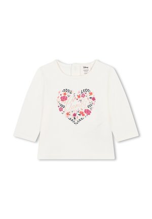 Chemise blanche à manches longues avec un motif floral en forme de cœur. Texte centré "Bambi" dans des couleurs pastel. Ferme au dos par des boutons-pression.