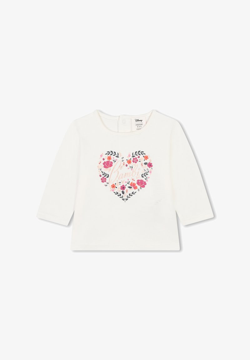 Chemise blanche à manches longues avec un motif floral en forme de cœur. Texte centré "Bambi" dans des couleurs pastel. Ferme au dos par des boutons-pression.