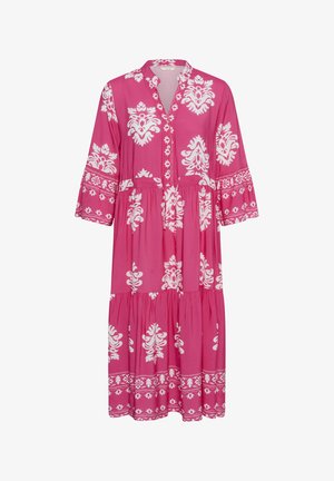 Rosa Midikleid mit weißem Blumen-Damastmuster, langen Ärmeln, V-Ausschnitt und gestuftem Rock.