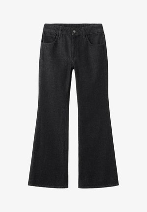 Jeans de mezclilla negra acampanados con una cintura alta, diseño de cinco bolsillos, costuras en contraste y un cierre de botón clásico.