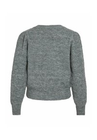 Suéter gris de punto con un diseño estructurado, que presenta un ajuste corto, puños acanalados y una sutil textura en la tela.