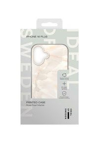 Trykt cover til iPhone 16 Plus med et design av rosenperlemarmor, med glatt overflate, utskjæringer for kameraet, og en slank, beskyttende profil.