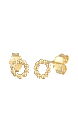 Guldøreringe med et cirkulært design lavet af små perler. Den ene ørering har en stiftlås, mens den anden er i hoop stil.