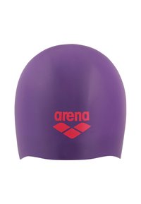 Fioletowy silikonowy czepek pływacki z czerwonym logo "arena" i wzorem diamentów pod nim, gładka tekstura i dopasowany krój zapewniający komfort noszenia.