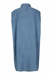 Ärmelloshemd aus Denim, hellblau, mit Knopfkragen, gerader Schnitt, Rückenkappe-Detail, lockere Passform, der Stoff hat eine weiche Textur.