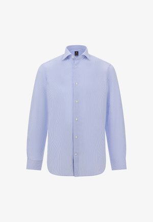 Jasnoniebieska w pasiaki koszula z długim rękawem, z kołnierzykiem typu pointed, z przodu zapinana na guziki, o luźnym kroju. Wykonana z gładkiego, tkanej tkaniny.