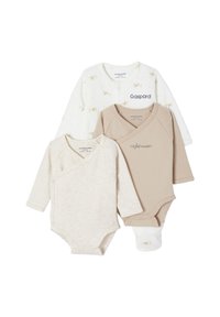 Set aus drei Babybodys: einer in Weiß mit Tiermuster, einer in Beige einfarbig und einer in Hellgrau im Wickelstil, alle mit langen Ärmeln und Druckknöpfen.