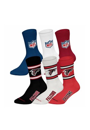 Sechs Paar NFL-Themen Crew-Socken, drei mit NFL-Logo in Blau, Weiß und Rot, und drei mit Atlanta Falcons-Logo in Schwarz, Weiß und Rot.