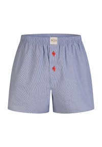 Boxer da uomo a righe blu e bianche con vita elastica, dotati di due bottoni rossi davanti e un'etichetta in stoffa vicino alla vita.