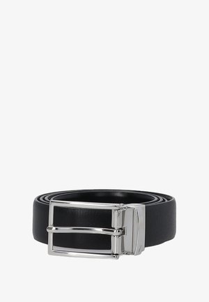 Ceinture en cuir noir avec une texture lisse, dotée d'une boucle en métal argenté au design à double ardillon. La largeur est uniforme sur toute la longueur.