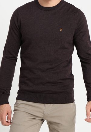 Maglione lavorato a maglia di colore marrone scuro con scollatura rotonda e polsini a coste. Presenta un piccolo logo arancione sul lato sinistro del petto. Texture liscia.