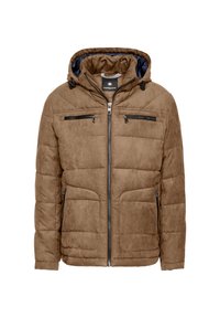 Brown padded jacket with a hood, made of soft fabric. Features two front pockets, black zippers, and a quilted design. Interior lined in dark fabric.