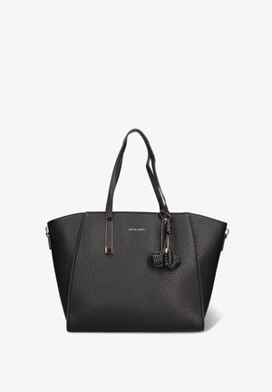 Borsa tote in pelle nera testurizzata con doppi manici, nappine decorative e piccolo logo dorato "pierre cardin" al centro frontale.