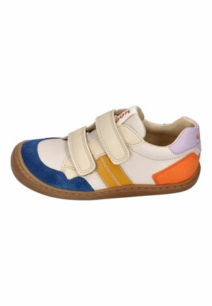 Children’s casual sneaker with beige leather, blue suede toe, orange and yellow accents, two beige Velcro straps, and a brown sole.