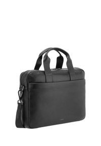 Črna usnjena torba za prenosni računalnik z dvema ročajema, odstranljivim naramnim trakom, gladko teksturo, zadrgo in sprednjim žepom. Enostavna zasnova z logotipom.