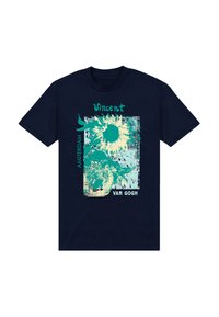 Marinblå bomullströja med en turkos grafik av solrosor, texten "Vincent AMSTERDAM VAN GOGH," och en sliten textur.