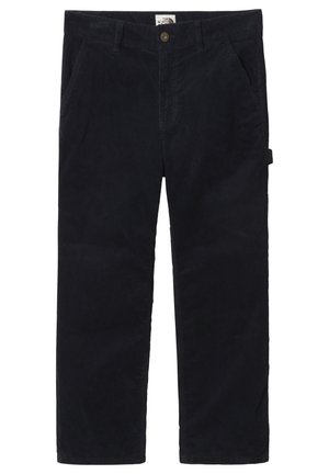 Pantalones negros de pana para hombre de corte recto, con bolsillos laterales, cierre de botones y un pequeño detalle de anilla en el muslo derecho.