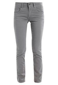Pantalones de algodón grises con un ajuste slim, que cuentan con cremallera, cinco bolsillos y detalles de costura sutiles. Textura suave y acabado liso.