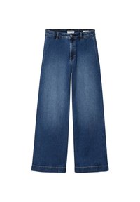 Jeans typu wide-leg w ciemnoniebieskim kolorze. Wytrzymały materiał o gładkiej fakturze. Posiada pięć kieszeni, zapięcie na guzik oraz wykończone nogawki.