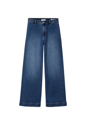 Brede denim jeans in donkerblauw. Stevige stof met een gladde textuur. Voorzien van een vijfzakkenontwerp, een knoopsluiting en een afgewerkte zoom.
