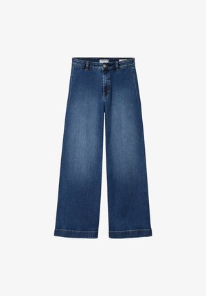 Jeans typu wide-leg w ciemnoniebieskim kolorze. Wytrzymały materiał o gładkiej fakturze. Posiada pięć kieszeni, zapięcie na guzik oraz wykończone nogawki.