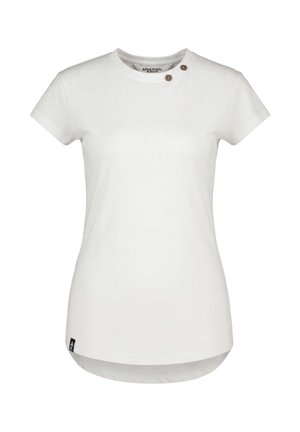 White short-sleeve women's t-shirt with round neckline featuring two decorative brown buttons on the left shoulder and a small black tag near hem.