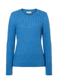 Blauer Kabelstrickpullover mit Rundhalsausschnitt und langen Ärmeln. Mit geripptem Saum und Bündchen versehen, aus strukturiertem Strickstoff hergestellt.