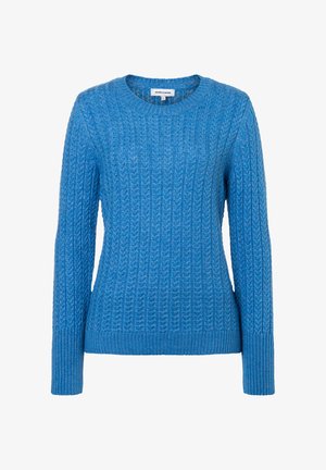 Blauer Kabelstrickpullover mit Rundhalsausschnitt und langen Ärmeln. Mit geripptem Saum und Bündchen versehen, aus strukturiertem Strickstoff hergestellt.