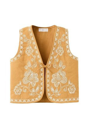 Gilet sans manches jaune moutarde avec broderie florale blanche et une petite fermeture à nouer à l'avant, en tissu texturé.