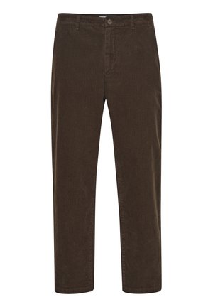 Pantalon en velours côtelé brun avec des rayures verticales, coupe droite, fermeture à bouton à l'avant et deux poches. Texture douce et matériau durable.