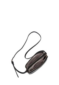 Schwarze Leder-Crossbody-Tasche mit zwei Reißverschlussfächern, langem Tragegurt und glatter Textur. Innenfutter in Hellgrau. Beschläge in goldfarbener Ausführung.