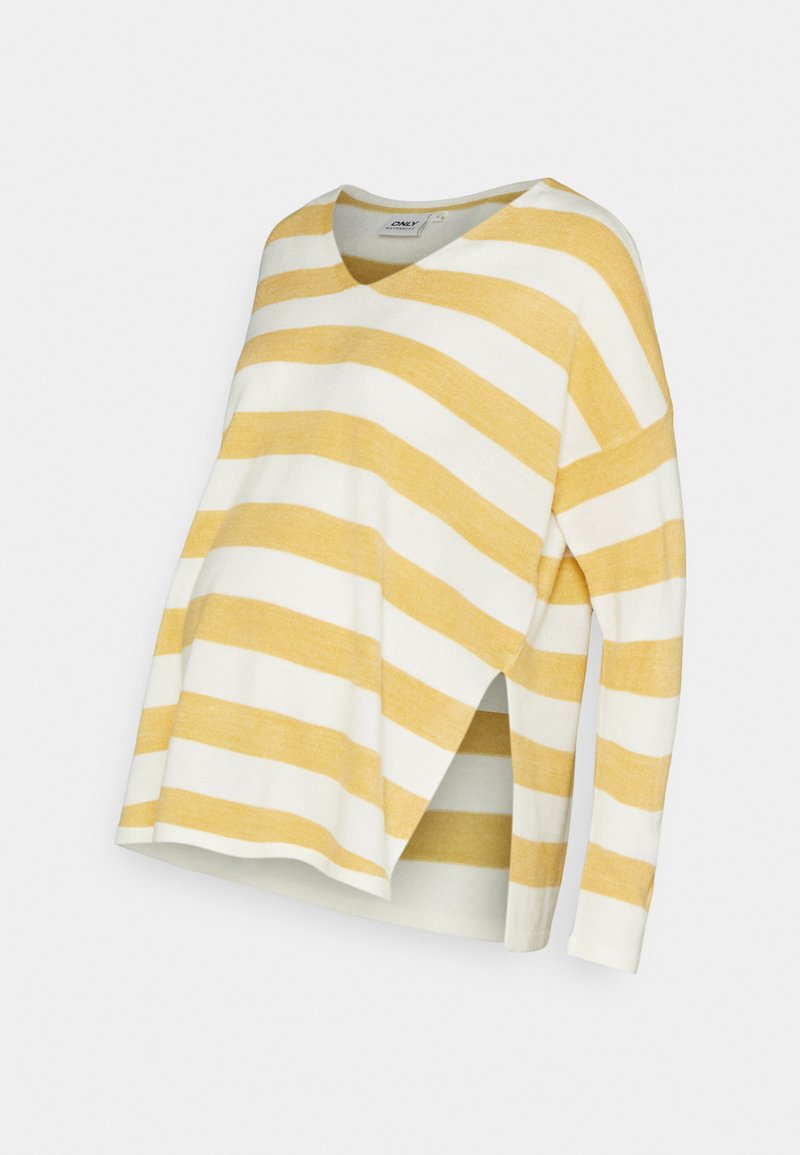 Blusa de maternidade às riscas amarelas e brancas, fabricada em tecido suave, com decote em V, design de ombro caído e bainha assimétrica com fenda lateral para maior conforto e facilidade.