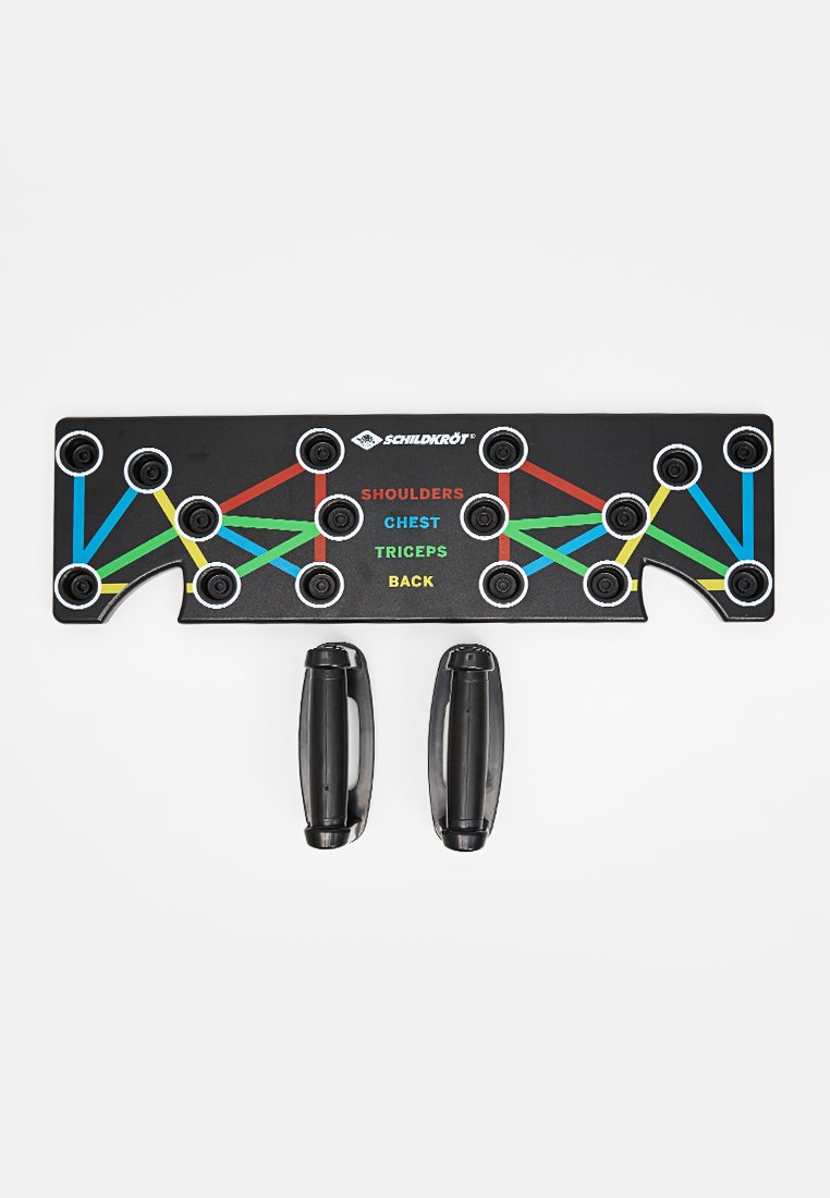 Tabla de ejercicios negra con líneas codificadas por colores para grupos musculares (hombros, pecho, tríceps, espalda) y manijas negras desmontables.