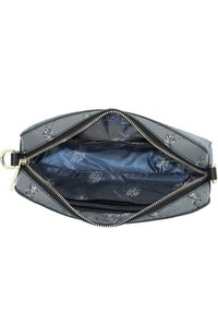 Zip-väska i svart och grått tyg, med ett foder som har en slät textur och subtilt logomönster. Guldzipperdetaljer.