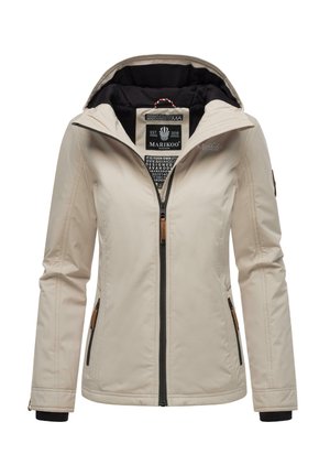 Lichtbeige damesjas met een ritssluiting, verstelbare capuchon en zwarte accenten. Voorzien van twee ritszakken aan de zijkant en een getextureerde kraag.