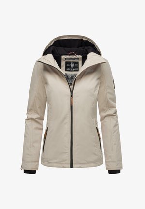 Lichtbeige damesjas met een ritssluiting, verstelbare capuchon en zwarte accenten. Voorzien van twee ritszakken aan de zijkant en een getextureerde kraag.