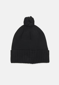 Black knitted beanie hat with a ribbed cuff and a soft pom-pom on top. Made from textured yarn for warmth and comfort.