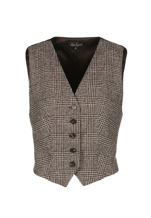 Gilet à motif à carreaux marron et crème avec un col en V, fermeture à cinq boutons et ourlet stylisé. Tissu doux avec doublure en satin. Étiquette de taille 42 visible.