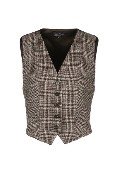 Bruin en crèmekleurig vest met een ruitpatroon, V-hals, vijf knopen en een gestileerde zoom. Zachte stof met satijnen voering. Maat 42 label zichtbaar.