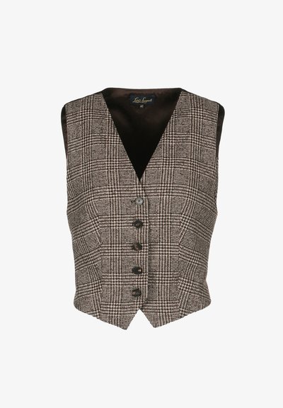 Prsluk s kariranim uzorkom u smešnim i krem tonovima, s V izrezom, zatvaranjem na pet dugmadi i stiliziranim rubom. Mekani materijal s satenskom podlogom. Vidljiva oznaka veličine 42.