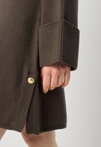 Καφέ πλεκτό φόρεμα με ριμπ μανίκια, λεπτομέρεια πλευρικού κουμπιού με χρυσό φινίρισμα και ελαφρώς υφασμάτινη, μαλακή υφή.