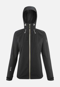 Black waterproof jacket made of Gore-Tex. Features a zip front, adjustable hood, and elastic cuffs. Design is streamlined with minimal details.