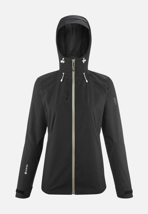 Veste noire imperméable en Gore-Tex. Elle possède une fermeture éclair sur le devant, une capuche ajustable et des poignets élastiques. Son design est épuré avec des détails minimaux.