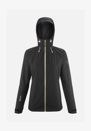 Veste noire imperméable en Gore-Tex. Elle possède une fermeture éclair sur le devant, une capuche ajustable et des poignets élastiques. Son design est épuré avec des détails minimaux.